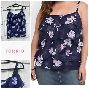 Torrid Chiffon Layered Floral Print Cami Top Ruffled Sleeveless Blue‎ Pink Sz 5